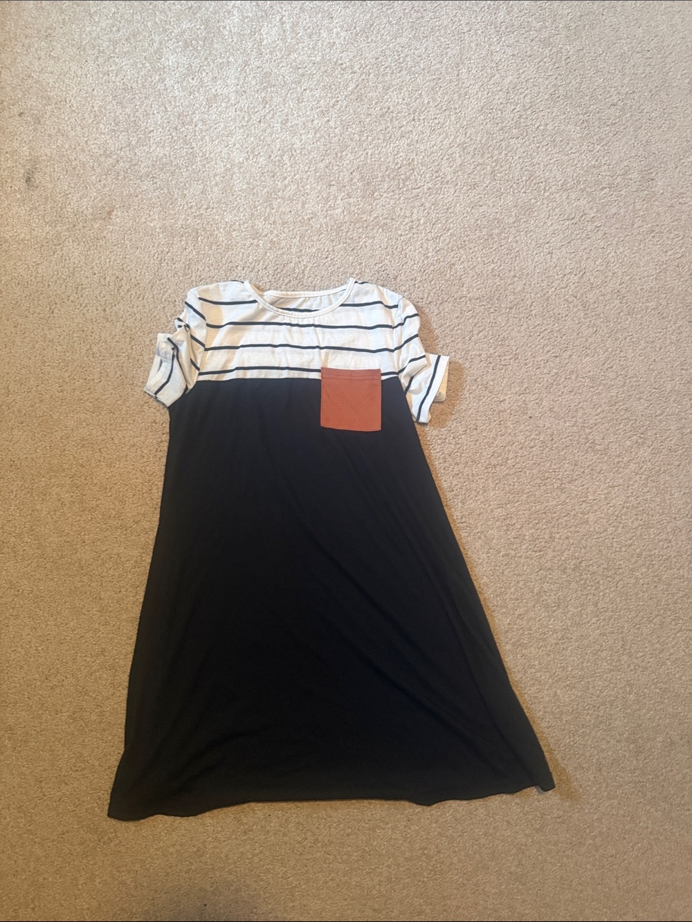 Girls Black and White Striped Top Knit Dress with Rust Pocket